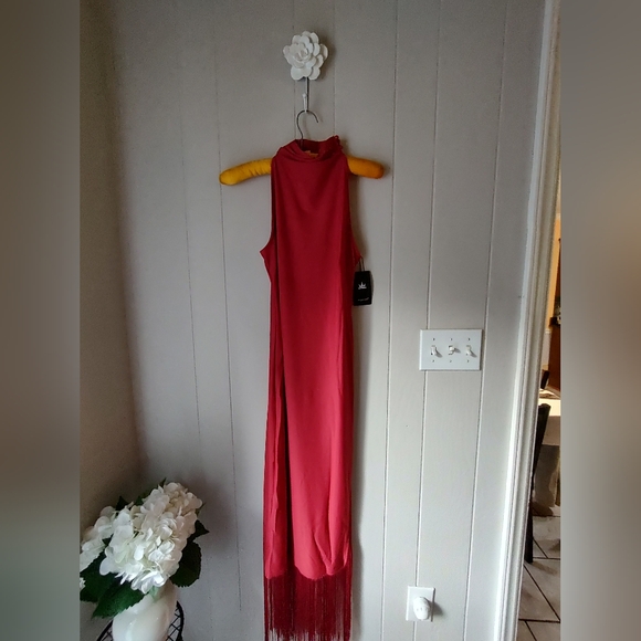 Glam Great Gatsby Red Halter Fringe Hem Evening Maxi Dress NWT Size 0–2 - Picture 2 of 12